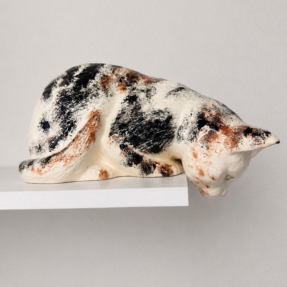 Vintage Ceramic Calico Cat Shelf Sitter Peeking Cat Hand Painted Figurine 9.5"